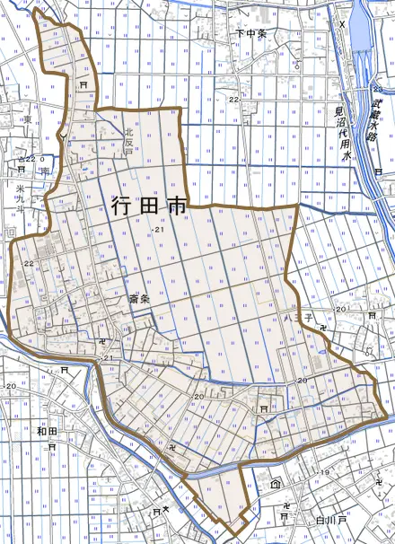 大字斎条とその周辺の地図。町の範囲を重ねている