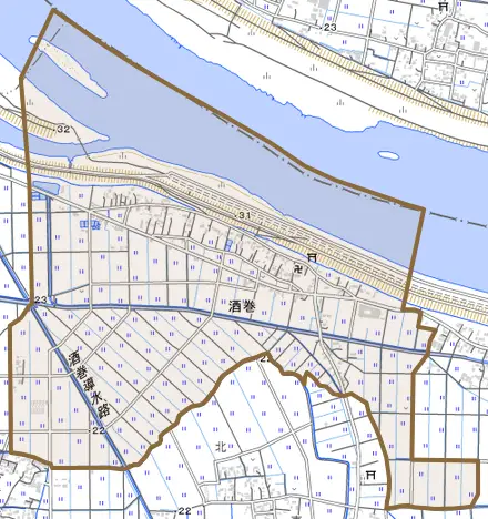 大字酒巻とその周辺の地図。町の範囲を重ねている