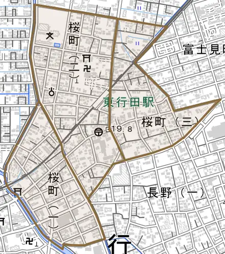 桜町とその周辺の地図。町の範囲を重ねている