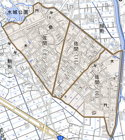佐間とその周辺の地図。町の範囲を重ねている