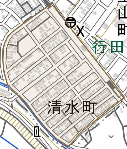 清水町とその周辺の地図。町の範囲を重ねている