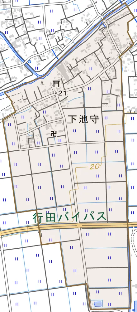 大字下池守とその周辺の地図。町の範囲を重ねている