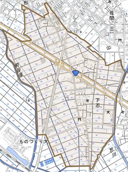 大字下忍とその周辺の地図。町の範囲を重ねている