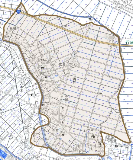 大字下須戸とその周辺の地図。町の範囲を重ねている
