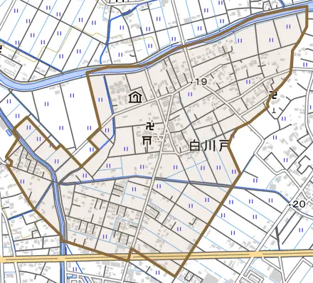 大字白川戸とその周辺の地図。町の範囲を重ねている