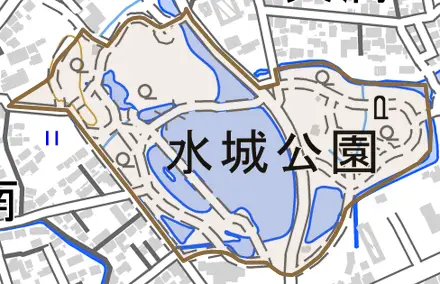 水城公園とその周辺の地図。町の範囲を重ねている