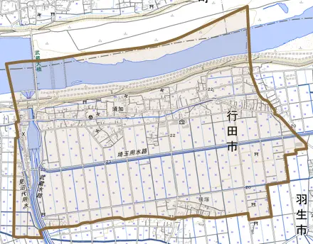 大字須加とその周辺の地図。町の範囲を重ねている