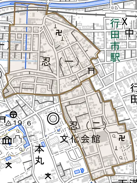 忍とその周辺の地図。町の範囲を重ねている
