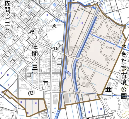 大字佐間とその周辺の地図。町の範囲を重ねている