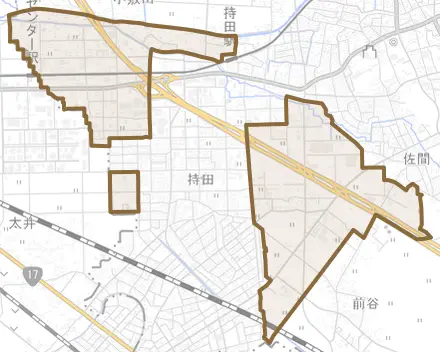 大字持田とその周辺の地図。町の範囲を重ねている