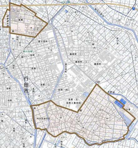 大字長野とその周辺の地図。町の範囲を重ねている