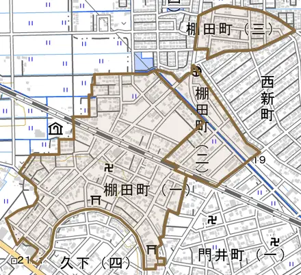 棚田町とその周辺の地図。町の範囲を重ねている