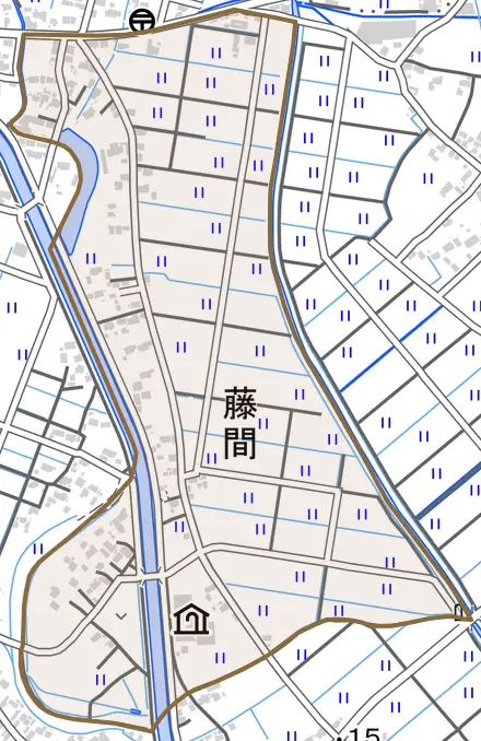 大字藤間とその周辺の地図。町の範囲を重ねている
