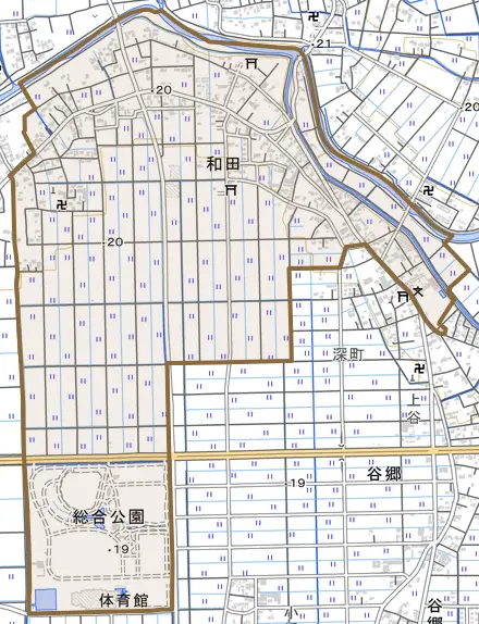 大字和田とその周辺の地図。町の範囲を重ねている