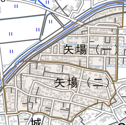 矢場とその周辺の地図。町の範囲を重ねている