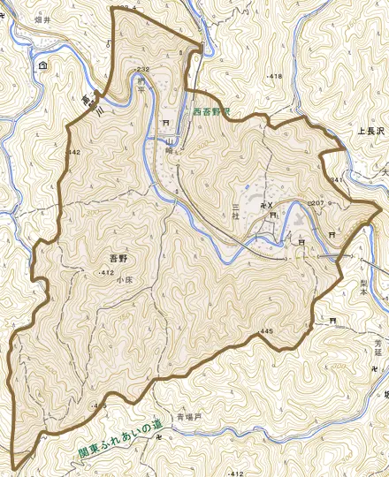 大字吾野とその周辺の地図。町の範囲を重ねている