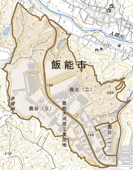 茜台とその周辺の地図。町の範囲を重ねている