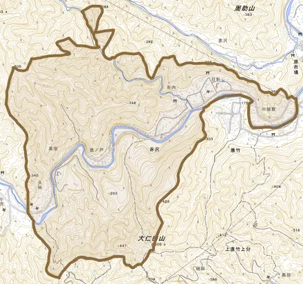 大字赤沢とその周辺の地図。町の範囲を重ねている