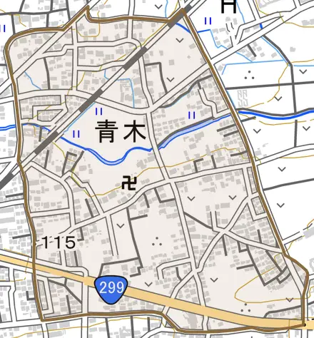 大字青木とその周辺の地図。町の範囲を重ねている