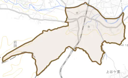 大字阿須とその周辺の地図。町の範囲を重ねている