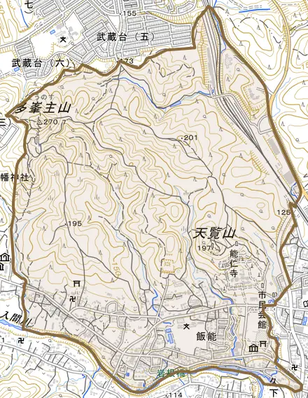 大字飯能とその周辺の地図。町の範囲を重ねている