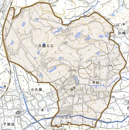 大字平松とその周辺の地図。町の範囲を重ねている