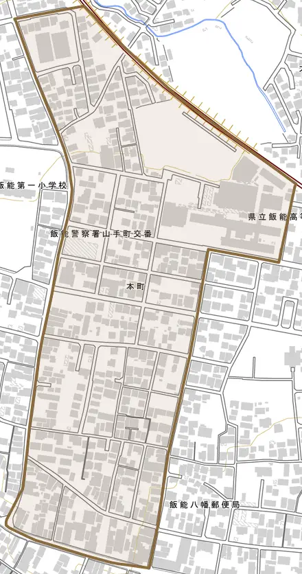 本町とその周辺の地図。町の範囲を重ねている