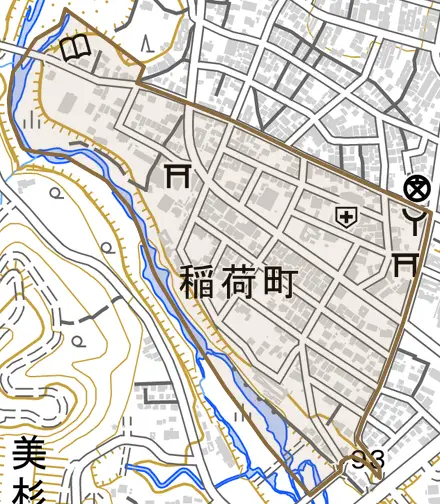 稲荷町とその周辺の地図。町の範囲を重ねている