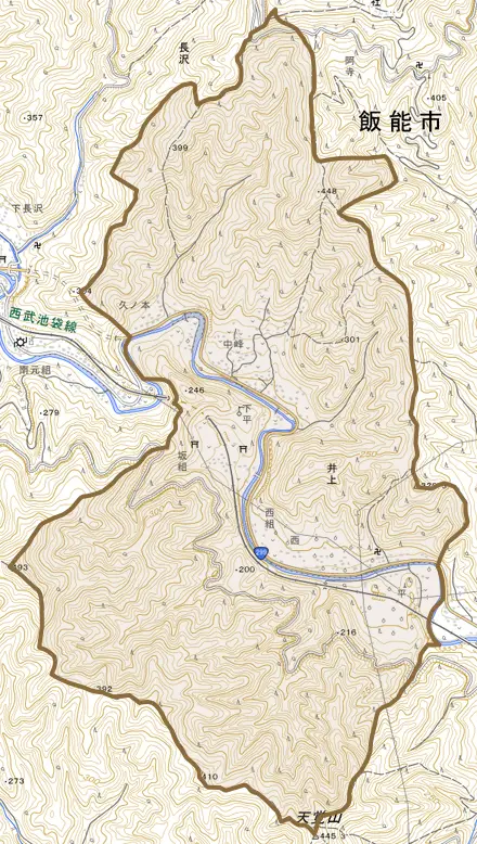 大字井上とその周辺の地図。町の範囲を重ねている