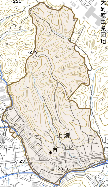 大字上畑とその周辺の地図。町の範囲を重ねている