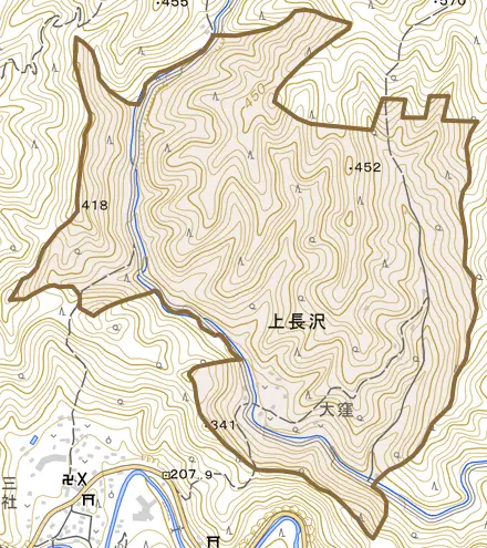 大字上長沢とその周辺の地図。町の範囲を重ねている