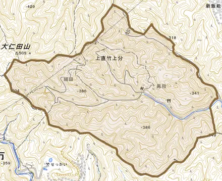 大字上直竹上分とその周辺の地図。町の範囲を重ねている