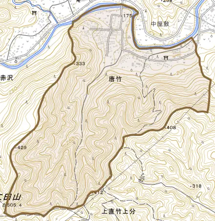 大字唐竹とその周辺の地図。町の範囲を重ねている