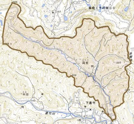大字苅生とその周辺の地図。町の範囲を重ねている