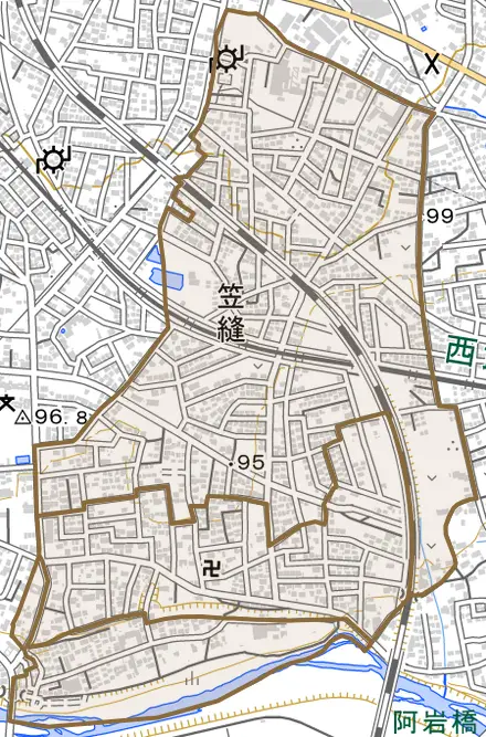 大字笠縫とその周辺の地図。町の範囲を重ねている