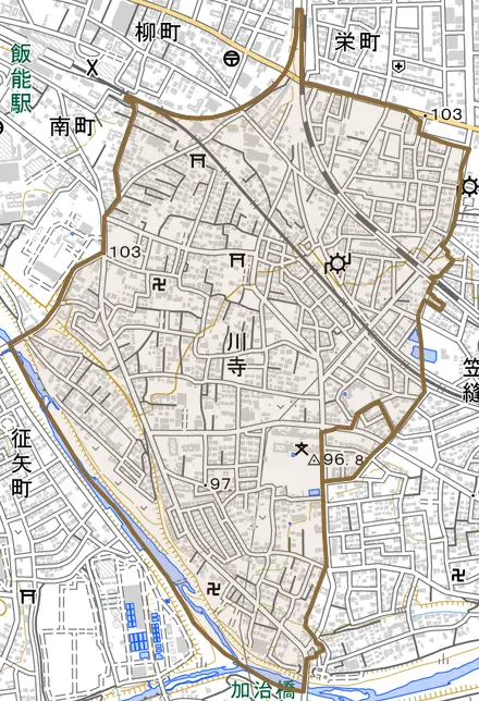 大字川寺とその周辺の地図。町の範囲を重ねている