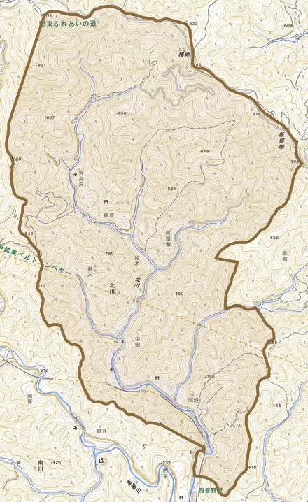 大字北川とその周辺の地図。町の範囲を重ねている