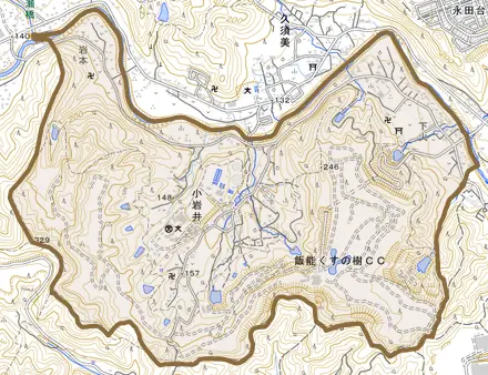 大字小岩井とその周辺の地図。町の範囲を重ねている
