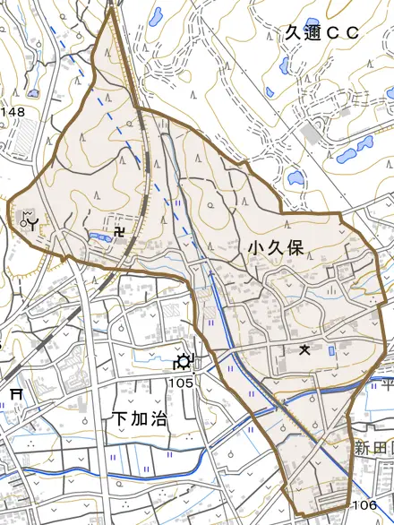 大字小久保とその周辺の地図。町の範囲を重ねている