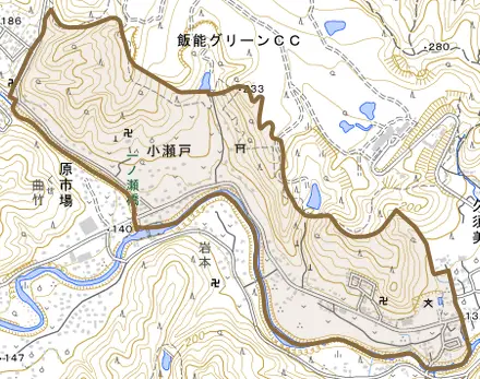 大字小瀬戸とその周辺の地図。町の範囲を重ねている