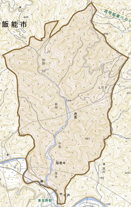 大字虎秀とその周辺の地図。町の範囲を重ねている
