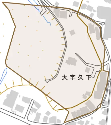 大字久下とその周辺の地図。町の範囲を重ねている