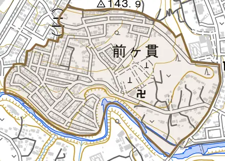 大字前ヶ貫とその周辺の地図。町の範囲を重ねている