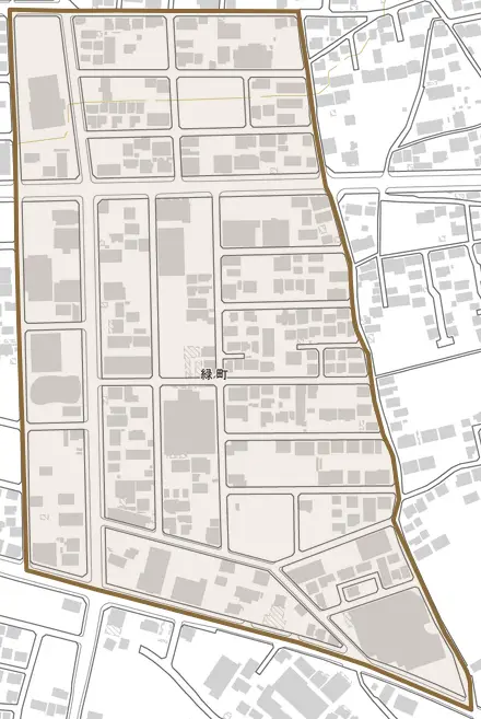 緑町とその周辺の地図。町の範囲を重ねている