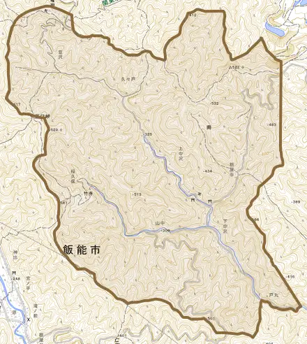 大字南とその周辺の地図。町の範囲を重ねている