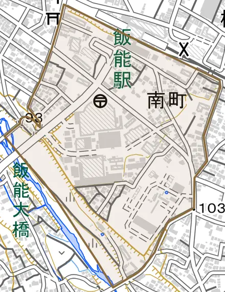 南町とその周辺の地図。町の範囲を重ねている