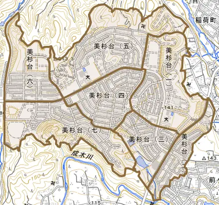 美杉台とその周辺の地図。町の範囲を重ねている