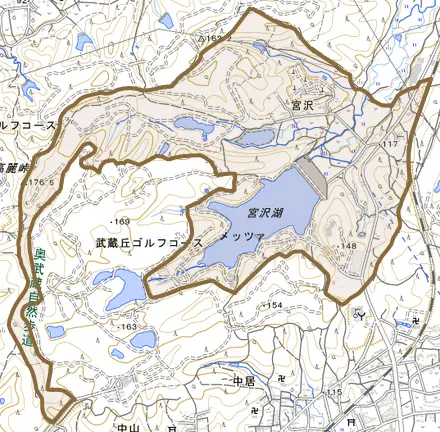 大字宮沢とその周辺の地図。町の範囲を重ねている