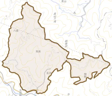 大字長沢とその周辺の地図。町の範囲を重ねている