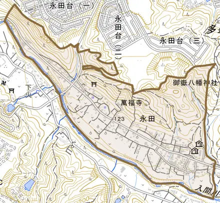 大字永田とその周辺の地図。町の範囲を重ねている